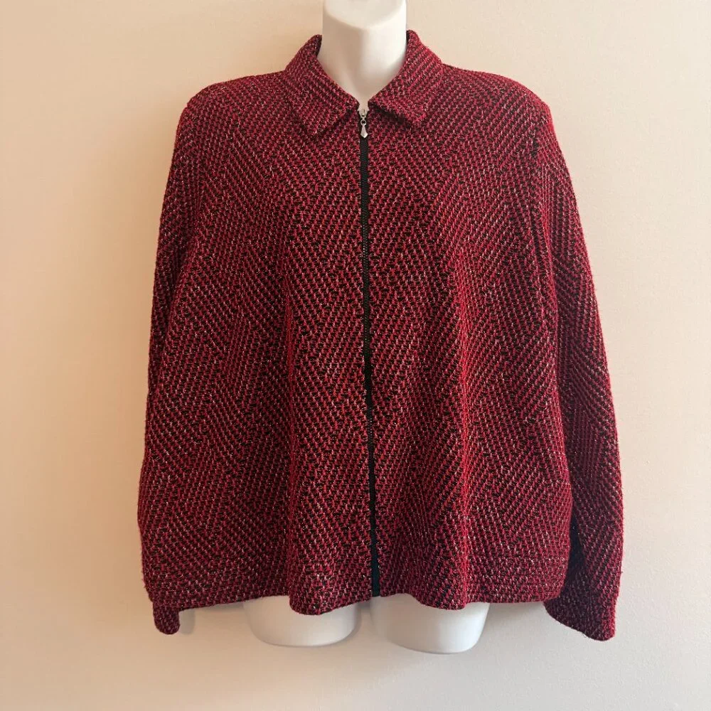 Alfred Dunner Petite Red Black Metallic Zip Jacket | 12P - Picture 4 of 13